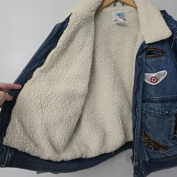 Vtg 90s AKA BAY Puffy Denim Sherpa Lined Mens L Bomber Trucker Jacket Y2K - Picture 2 of 16